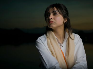 Brunette Woman in Shirt and Scarf